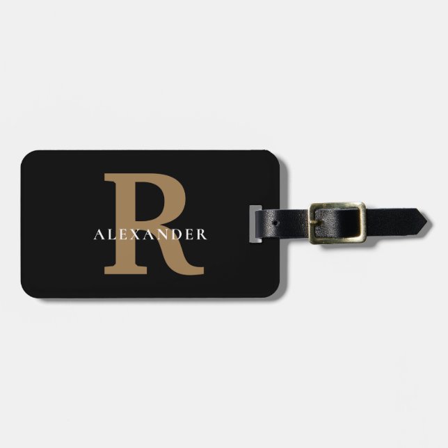 Elegant Black Gold Monogram Bold Typography Name Luggage Tag (Front Horizontal)