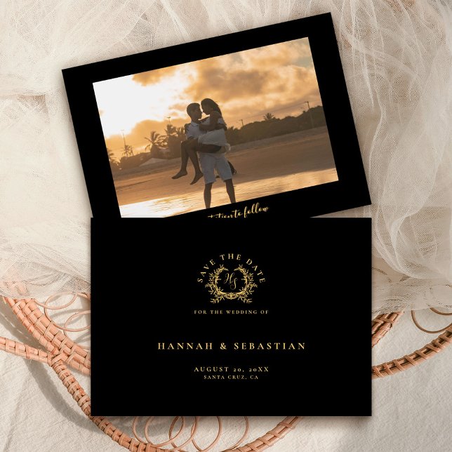 Elegant Black Gold Monogram Botanical Crest  Save The Date (Creator Uploaded)