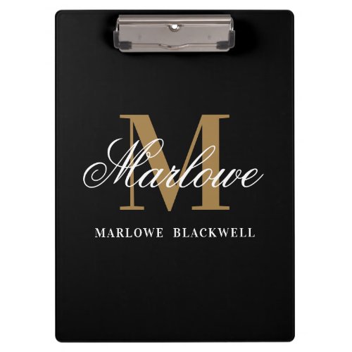 Elegant Black Gold Monogram Calligraphy Clipboard