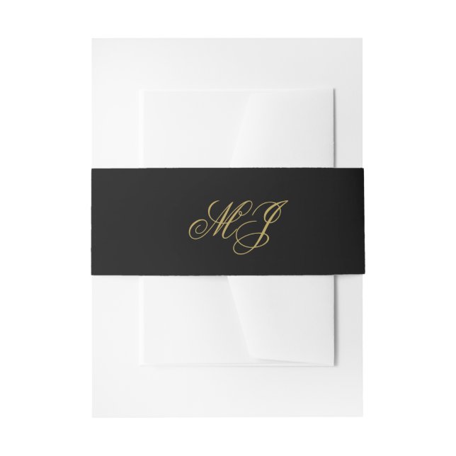 Elegant Black Gold Monogram Calligraphy Initials Invitation Belly Band (Front Example)