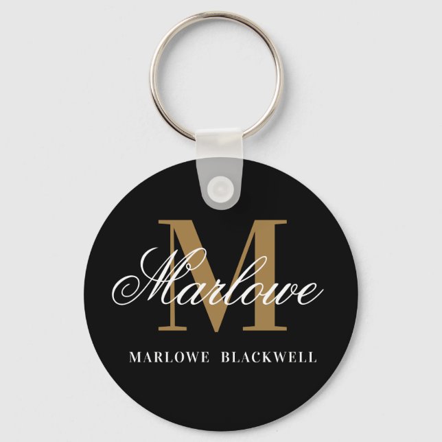 Elegant Black Gold Monogram Calligraphy Keychain (Front)
