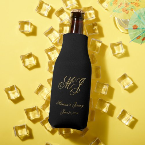 Elegant Black Gold Monogram Calligraphy Wedding Bottle Cooler