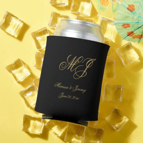 Elegant Black Gold Monogram Calligraphy Wedding Can Cooler