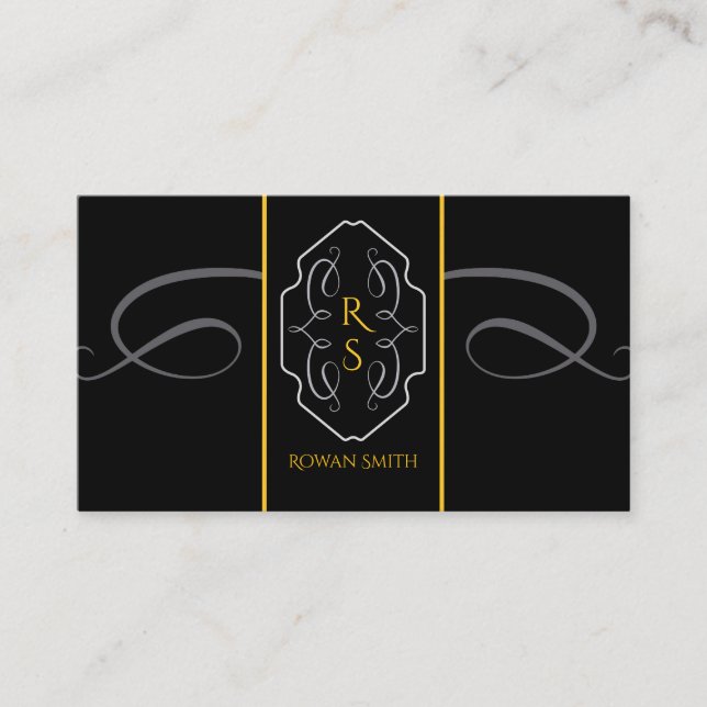 Elegant Black Gold Monogram Calling Card (Front)