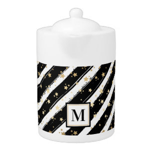 Elegant Black Gold Monogram Christmas Holiday Teapot