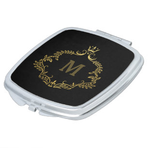 Elegant Black Gold monogram Compact Mirror