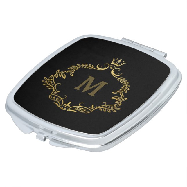 Elegant Black Gold monogram Compact Mirror (Turned)