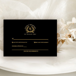Elegant Black/Gold Monogram Crest Wedding RSVP Card