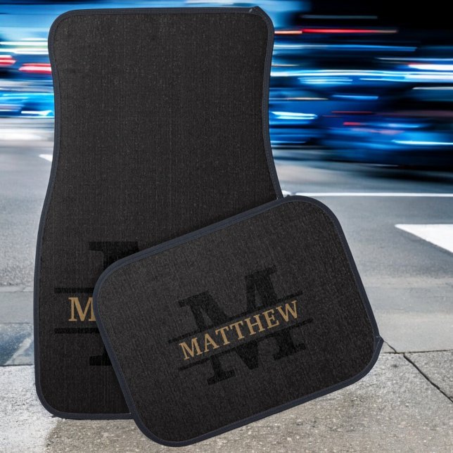 Elegant Black Gold Monogram Custom Name Car Floor Mat (Creator Uploaded)