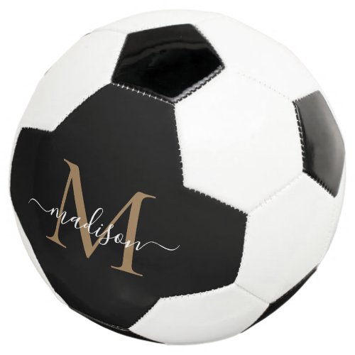 Elegant Black Gold Monogram Cute Girly Script Soccer Ball