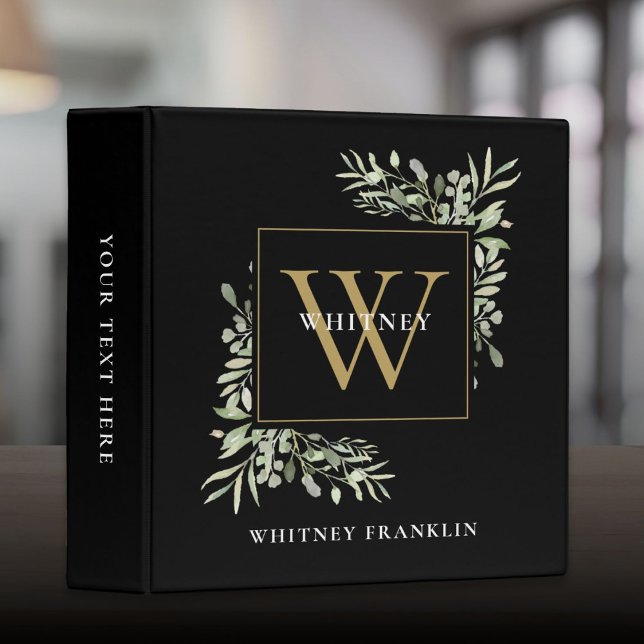 Elegant Black Gold Monogram Eucalyptus Greenery 3 Ring Binder (Elegant Black Gold Monogram Eucalyptus Greenery 3 Ring Binder)