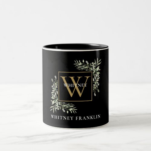 Elegant Black Gold Monogram Eucalyptus Greenery Two_Tone Coffee Mug