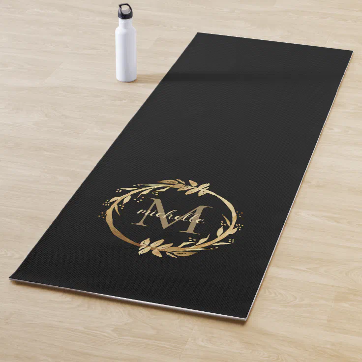 Elegant Black Gold Monogram Eucalyptus Wreath Yoga Mat Zazzle