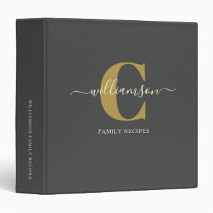 Elegant Black Gold Monogram Family Recipes 3 Ring Binder