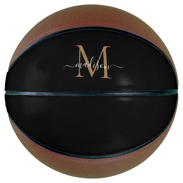 Elegant Black Gold Monogram Feminine Girly Script Basketball (Front)