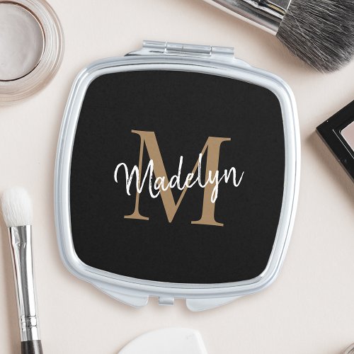 Elegant Black Gold Monogram Feminine Girly Script Compact Mirror