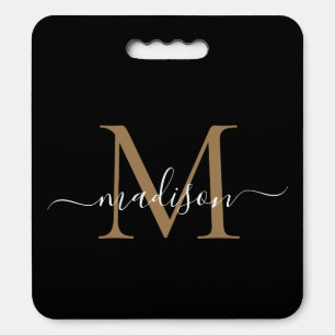 Elegant Black Gold Monogram Feminine Girly Script Seat Cushion