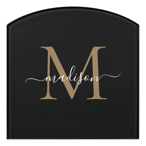 Elegant Black Gold Monogram Feminine Script Name Door Sign