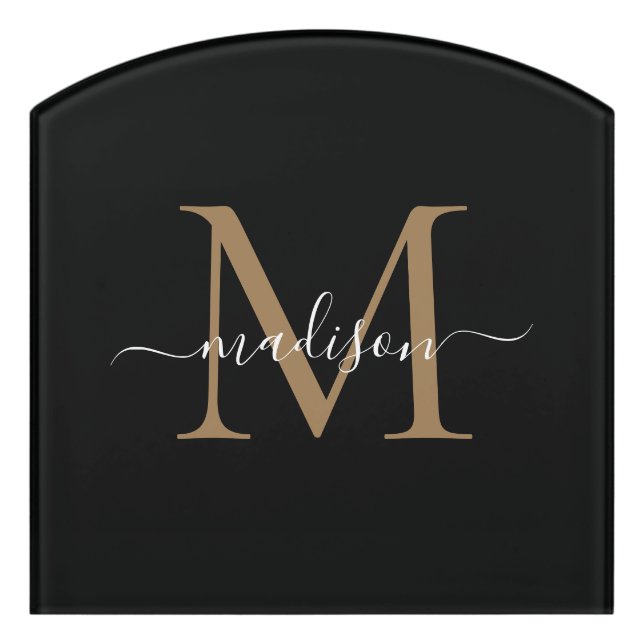 Elegant Black Gold Monogram Feminine Script Name Door Sign (Contour Front)