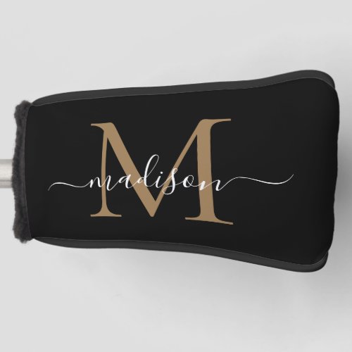 Elegant Black Gold Monogram Feminine Script Name Golf Head Cover