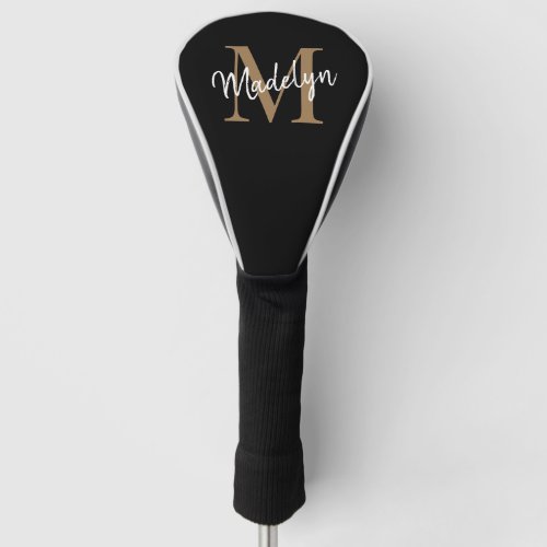 Elegant Black Gold Monogram Feminine Script Name Golf Head Cover