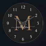 Elegant Black Gold Monogram Feminine Script Name Large Clock<br><div class="desc">Elegant Black Gold Monogram Feminine Girly Script Name Large Clock</div>