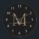 Elegant Black Gold Monogram Feminine Script Name Large Clock<br><div class="desc">Elegant Black Gold Monogram Feminine Girly Script Name Large Clock</div>