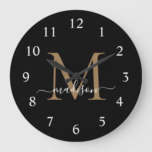 Elegant Black Gold Monogram Feminine Script Name Large Clock