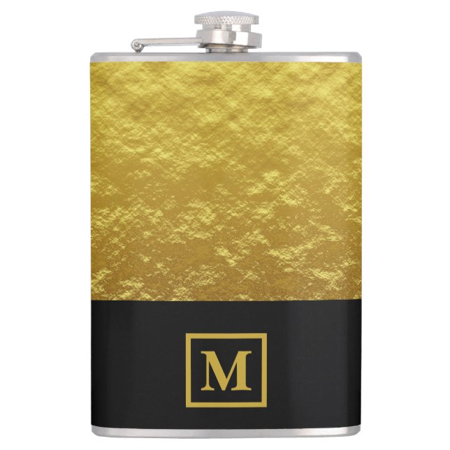 Elegant Black & Gold Monogram Flask (Front)