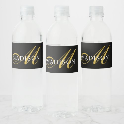 Elegant Black Gold Monogram Flourish Script  Water Bottle Label