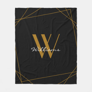 Elegant Black Gold Monogram Geometric Name Script Fleece Blanket