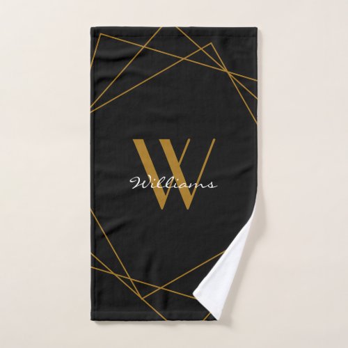 Elegant Black Gold Monogram Geometric Name Script Hand Towel