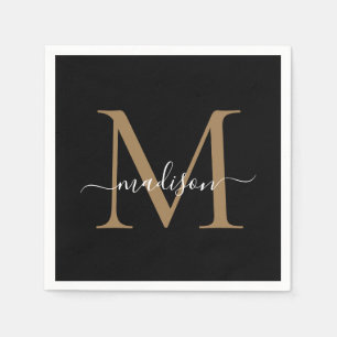 Elegant Black Gold Monogram Girly Script Birthday Napkins