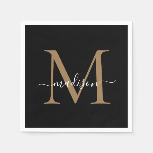 Elegant Black Gold Monogram Girly Script Birthday Napkins