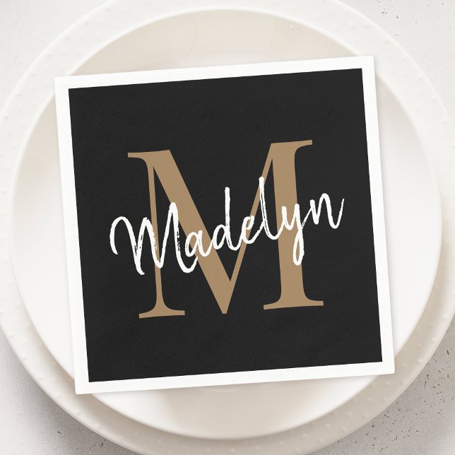 Elegant Black Gold Monogram Girly Script Birthday Napkins (Creator Uploaded)