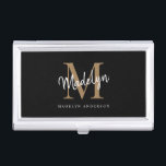 Elegant Black Gold Monogram Girly Script Name Business Card Case<br><div class="desc">Elegant Black Gold Monogram Girly Script Name Business Card Case.Easily personalize this modern elegant business card case with your custom monogram and name.</div>