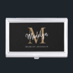 Elegant Black Gold Monogram Girly Script Name Business Card Case<br><div class="desc">Elegant Black Gold Monogram Girly Script Name Business Card Case.Easily personalize this modern elegant business card case with your custom monogram and name.</div>