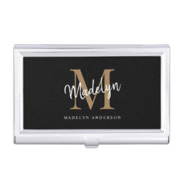 Elegant Black Gold Monogram Girly Script Name Business Card Case