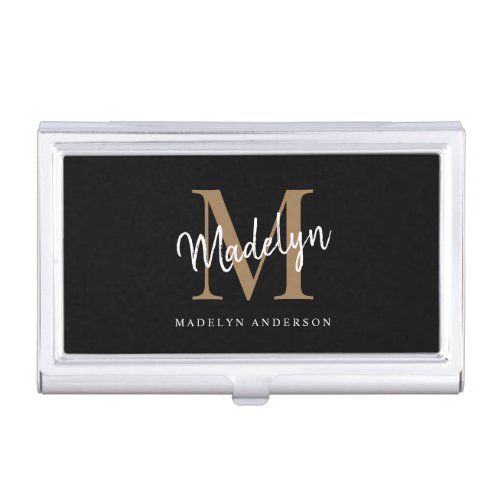 Elegant Black Gold Monogram Girly Script Name Business Card Case