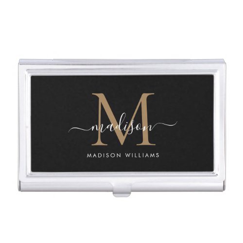 Elegant Black Gold Monogram Girly Script Name Business Card Case