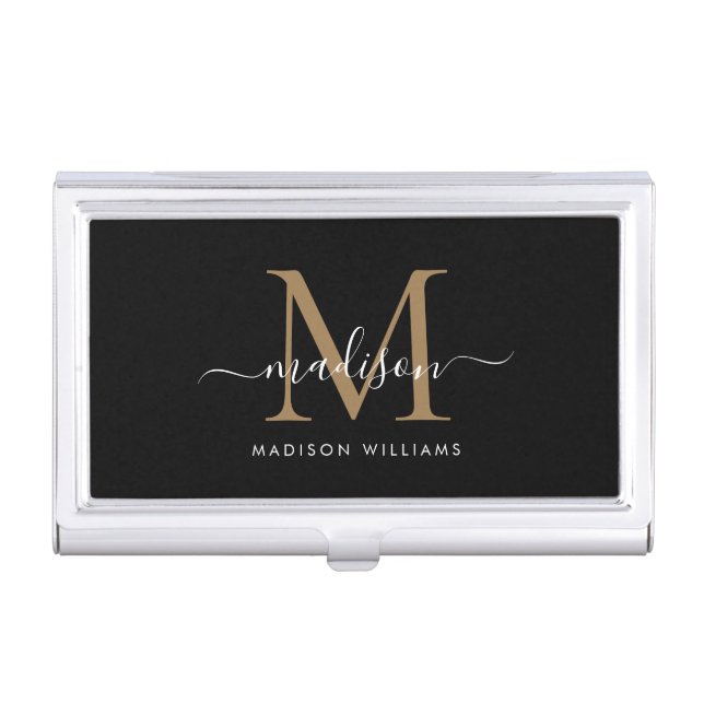 Elegant Black Gold Monogram Girly Script Name Business Card Case (Front)
