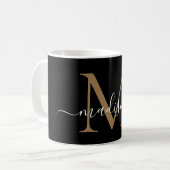 Elegant Black Gold Monogram Girly Script Stylish Coffee Mug (Front Left)
