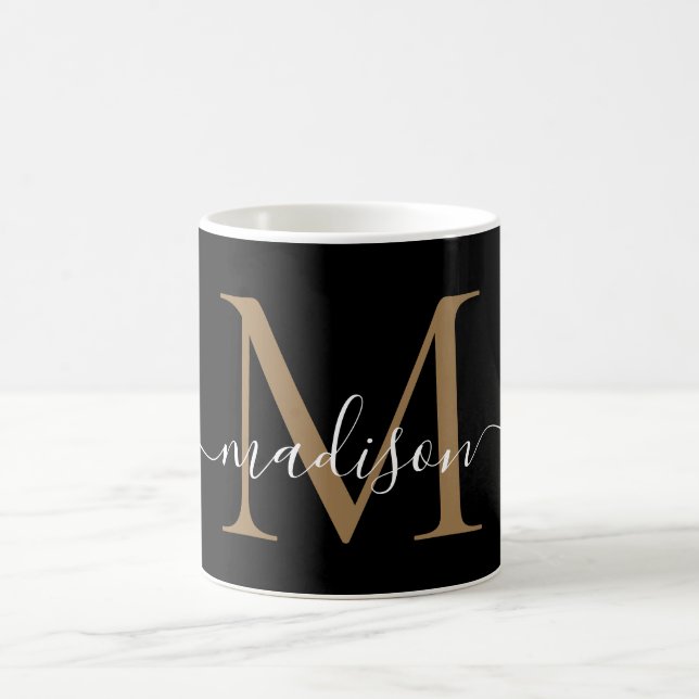 Elegant Black Gold Monogram Girly Script Stylish Coffee Mug (Center)