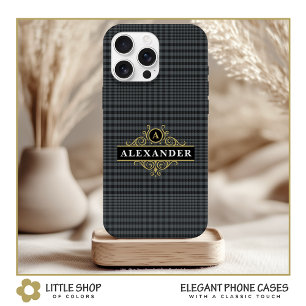 Elegant Black Gold Monogram Glen Plaid iPhone 15 Case