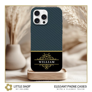 Elegant Black Gold Monogram Gray Pinstripe iPhone 15 Case