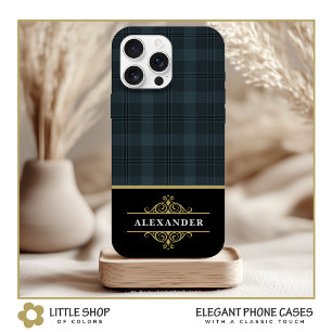 Elegant Black Gold Monogram Gray Plaid iPhone 15 Case