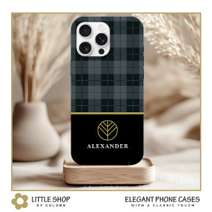 Elegant Black Gold Monogram Gray Plaid Tartan iPhone 15 Case