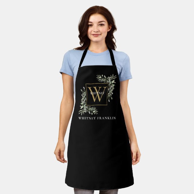 Elegant Black Gold Monogram Greenery Eucalyptus Apron (Worn)