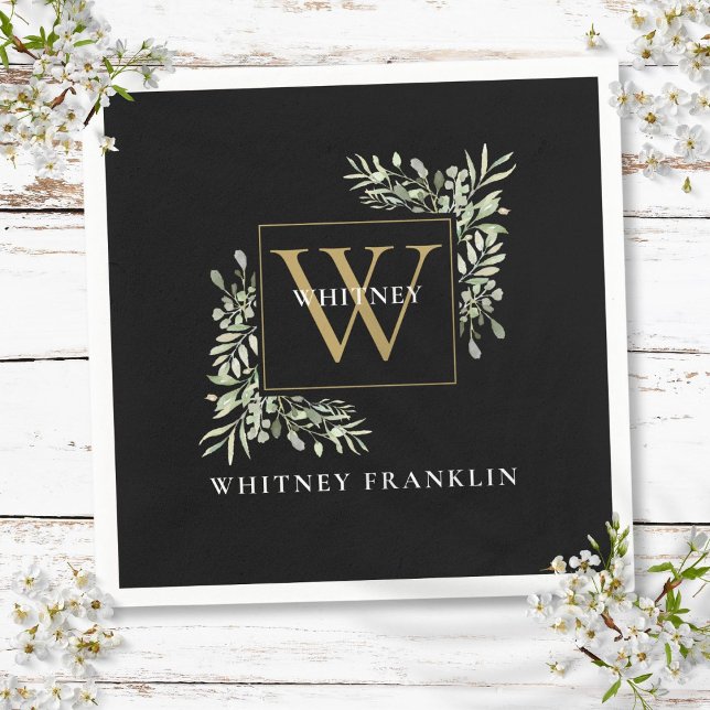 Elegant Black Gold Monogram Greenery Eucalyptus Napkins (Elegant Black Gold Monogram Greenery Eucalyptus Napkins)