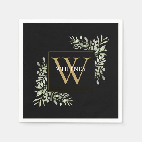 Elegant Black Gold Monogram Greenery Floral Napkins